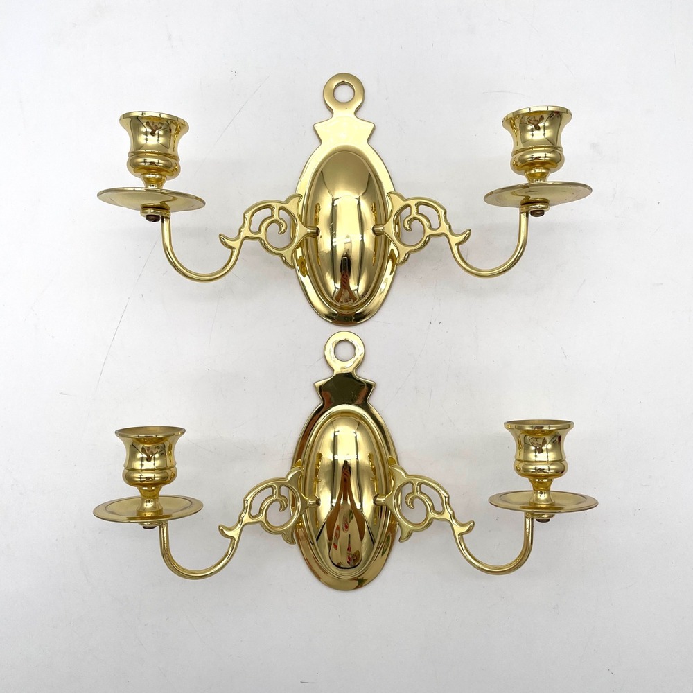 Vintage Wall Candle Sconces Brass Pair Colonial Revival Double Arm Gold Good